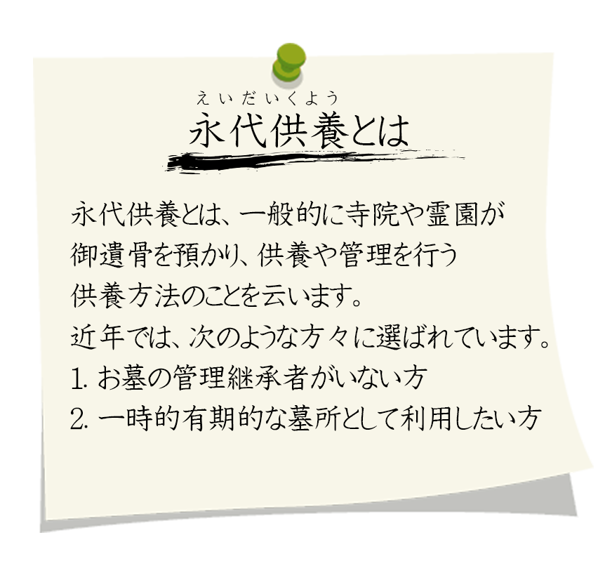 説明：永代需要とは。永代供養とは、一般的に寺院や霊園が御遺骨を預かり、供養や管理を行う供養方法のことを云います。近年では、次のような方々に選ばれています。１．お墓の管理継承者がいない方　2．一時的有期的な墓所として利用したい方