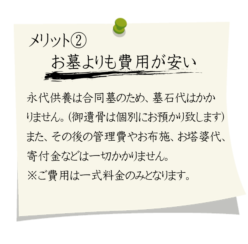 説明：永代供養のメリット2。永代供養は合同墓のため、墓石代はかかりません。(御遺骨は個別にお預かり致します)また、その後の管理費やお布施、お塔婆代、寄付金などは一切かかりません。※ご費用は一式料金のみとなります。